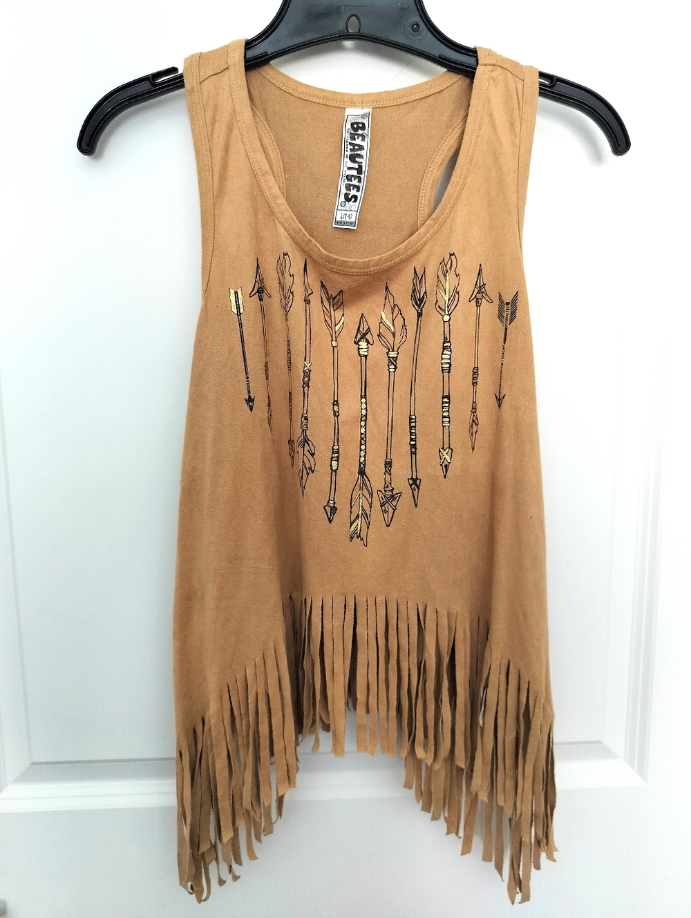 Beautees Girls 14 Tan Fringe Arrow-Print Tank